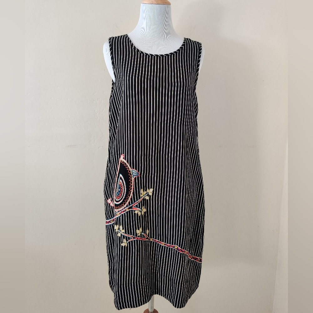 Striped Black Dress with Embroidered Design